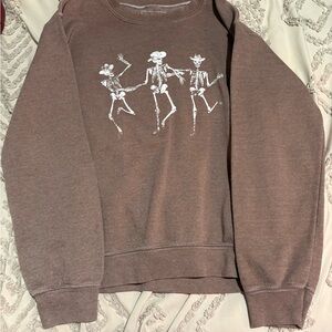 Full Tilt Brown Crewneck Sweater with Skeleton Design